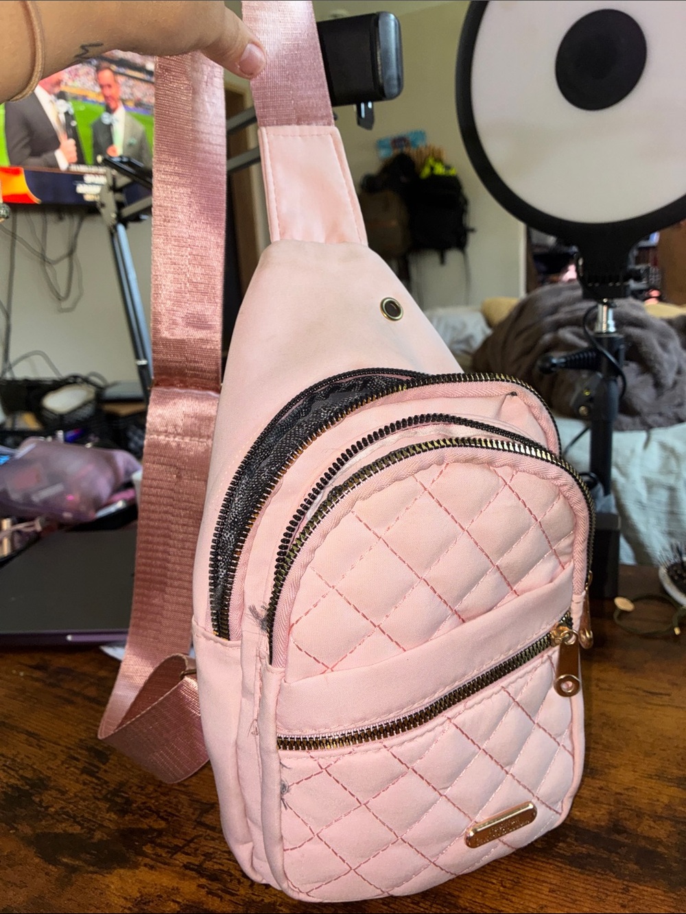 Quilted Light Pink Crossbody Sling Bag with Gold Hardware